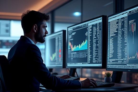 A focused data scientist analyzing complex financial charts on multiple screens